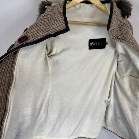 Urku Ecuador Wool Cotton Knit Jacket Fleece Lined Faux Fur Hood Women’s M - Picture 9 of 9